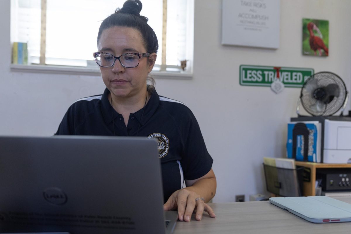 Writing emails, new AP Statistics and Statistics Honors teacher Kelly Lake plans out her lessons for the next few weeks. This year marked her first time teaching these classes, and she utilized technology like the SMART Board and iPad to write notes for her students. 