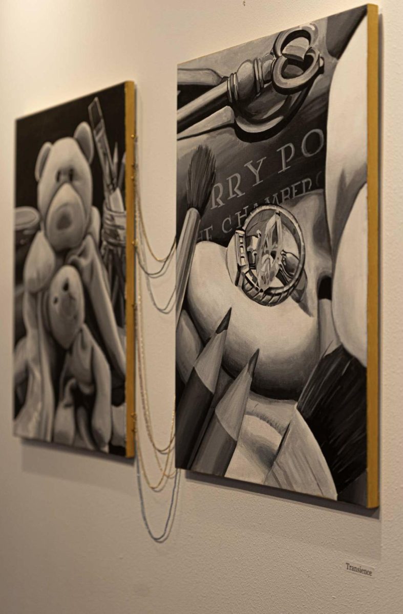 This piece, titled “Transience,” features two separate paintings with strings of beads connecting the two into a singular piece.