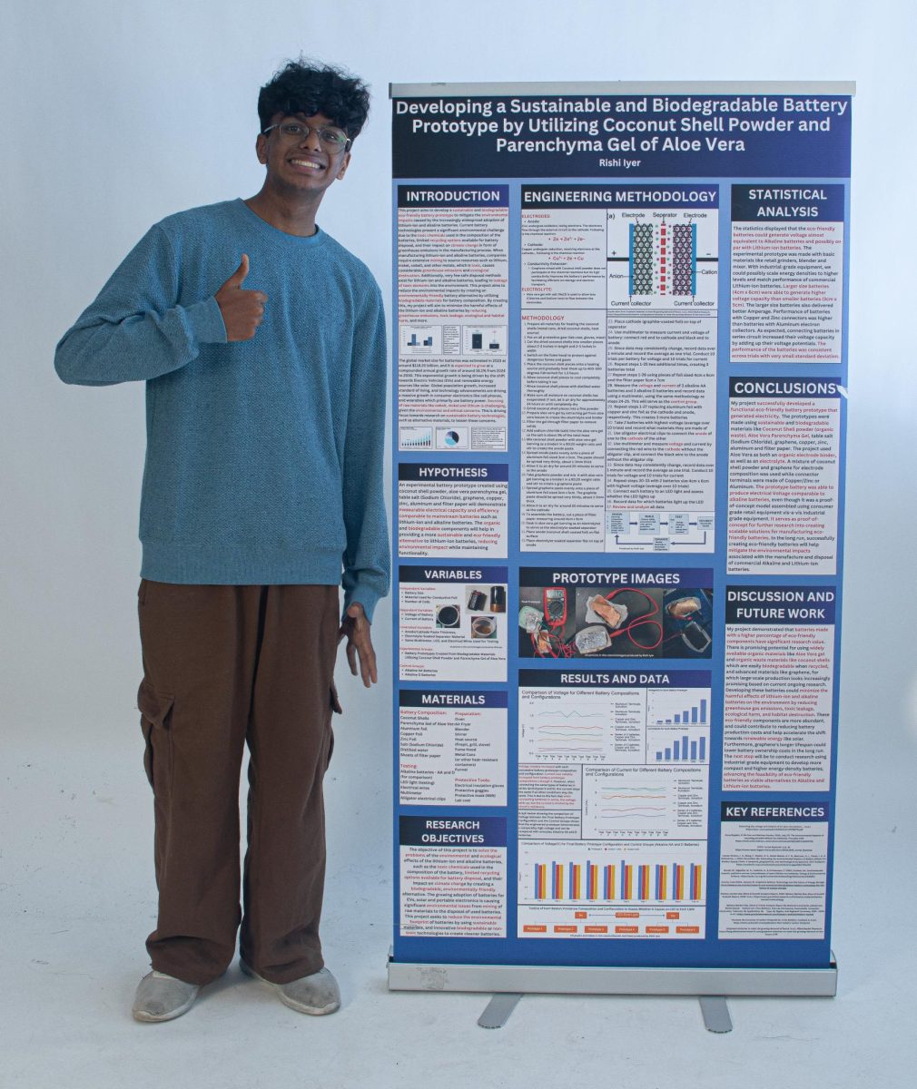 Piano sophomore Rishi Iyer poses with his board for the International Science and Engineering Fair (ISEF). Iyer took his project through the engineering route of the science fair and built an original prototype. “So (in) my project, I developed a biodegradable and sustainable battery alternative to amyloid batteries and alkaline batteries,” Iyer said. “(The most difficult part) probably for me was the presentation because I typically present in a way that shows how important this project is and how it can really change the world.”