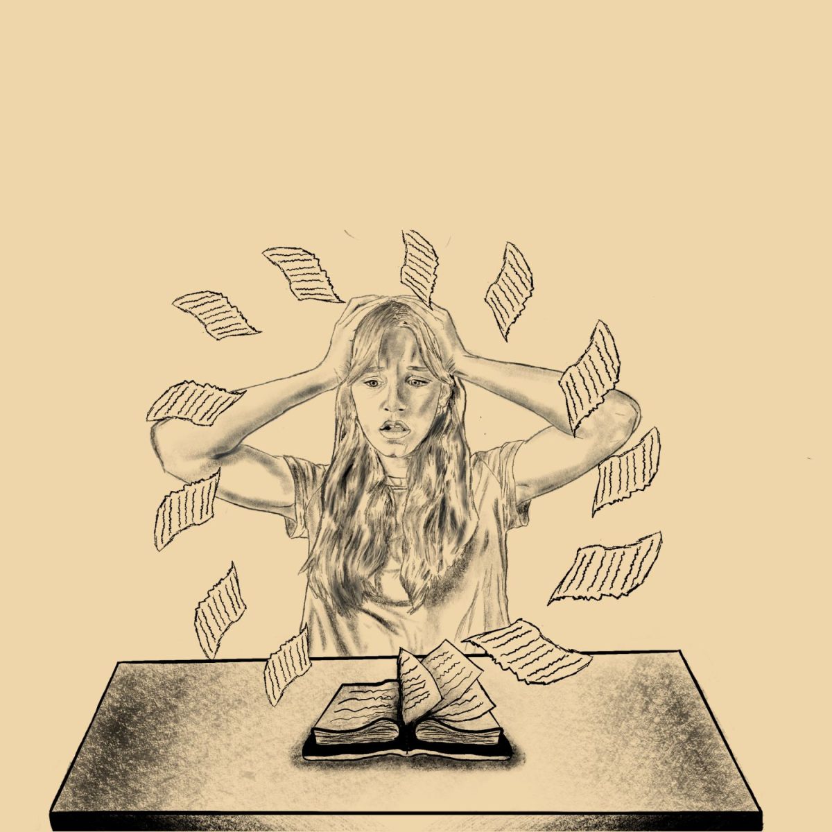 Illustration of Liliana Kirby surrounded by book pages.